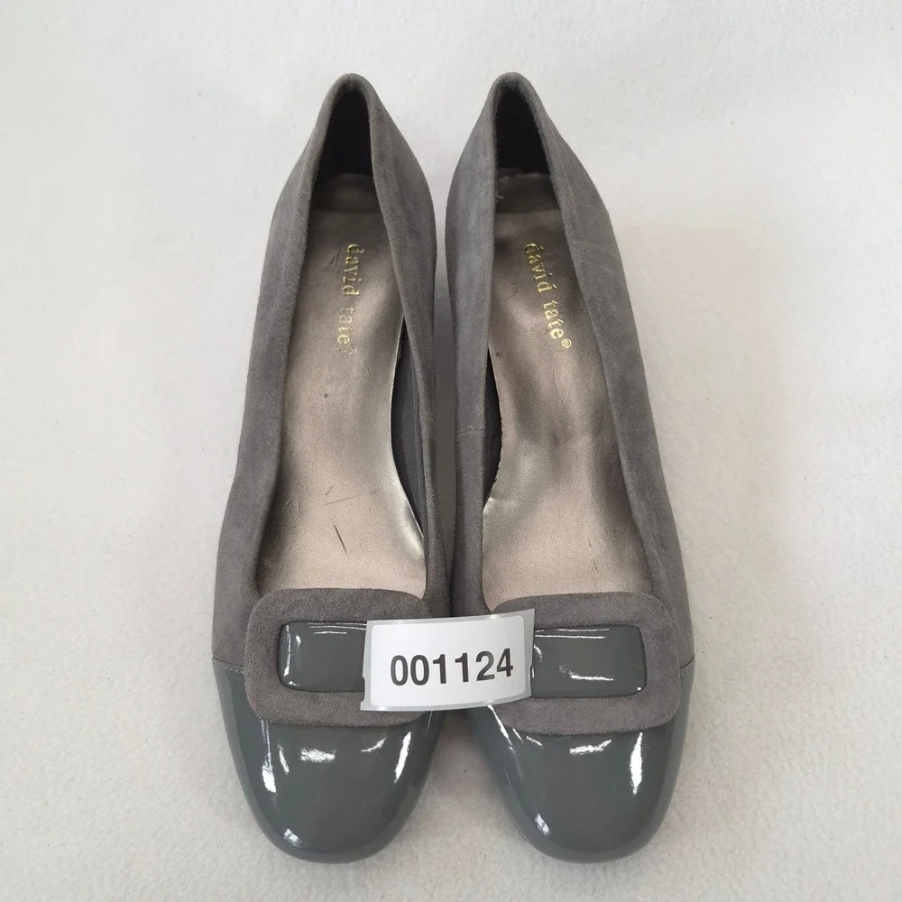 David Tate Gray Suede Low Block Heel Buckle Pumps Round Toe Shoes Size 9